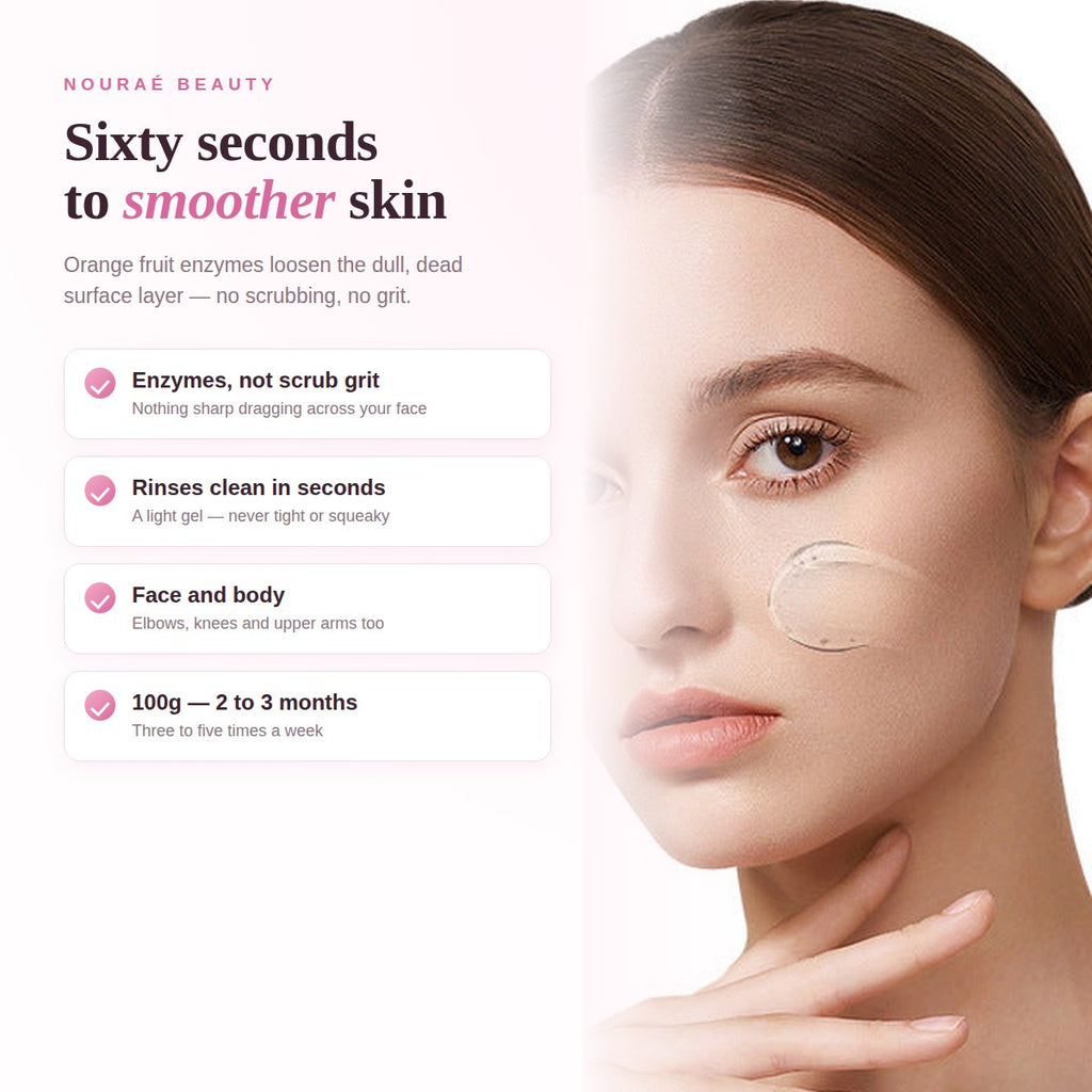 Sixty seconds to smoother skin - orange fruit enzymes loosen the dull surface layer, no scrubbing and no grit