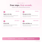 How to use in four steps - apply to dry skin, massage in circles for 30 to 60 seconds, watch the build up lift, then rinse and follow on