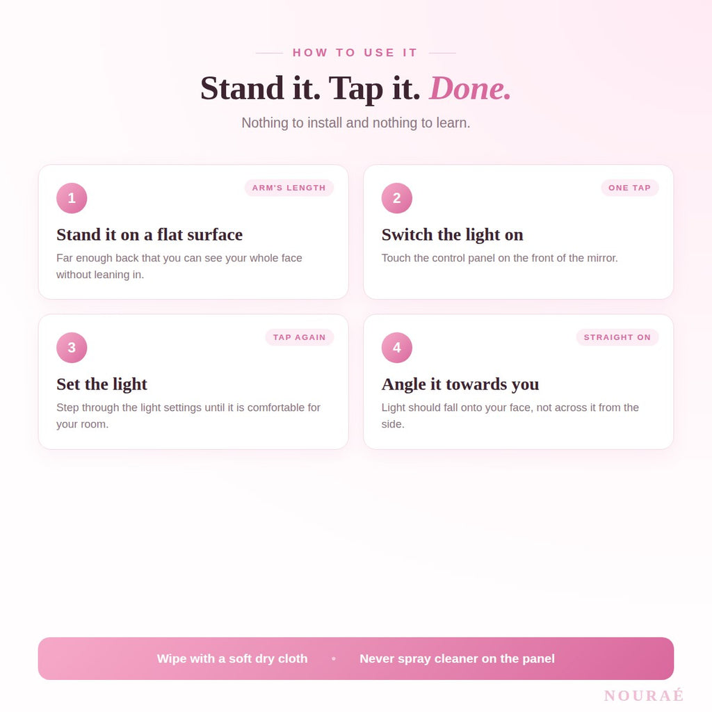 How to use - stand it up, tap to switch on, set the light, angle it towards you