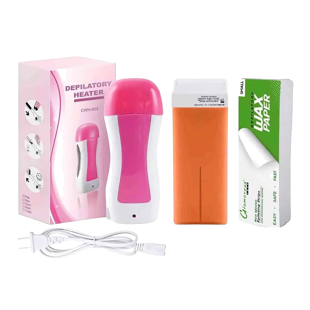 Complete Nourae Glide roll-on wax heater kit with retail box, heater, 100ml wax cartridge, wax paper strips and power cord